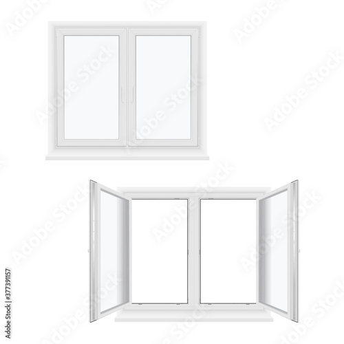 Windows plastic double-leaf open and closed models for glazing ads realistic set. Pvc constructions.