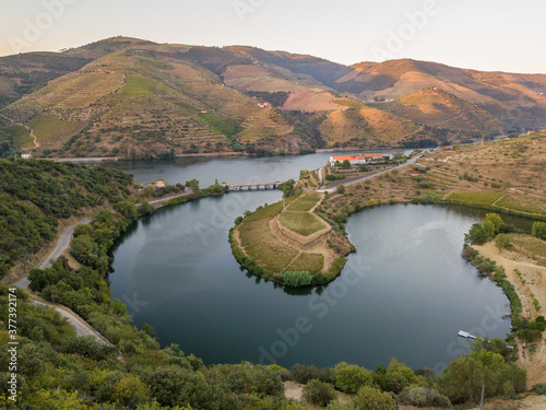 Douro wine valley region, Portugal. Vineyards landscape with beautiful farm. Tourist attraction and travel destination. Drone aerial top view. Bend shape river.