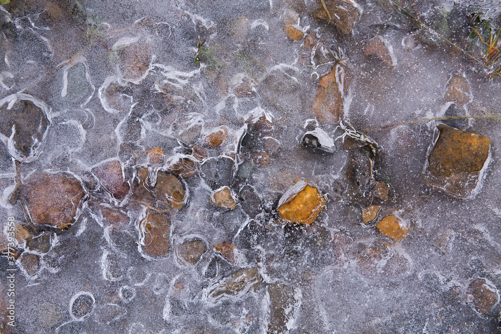 Obraz premium A thin layer of ice mostly covers colorful, small stones