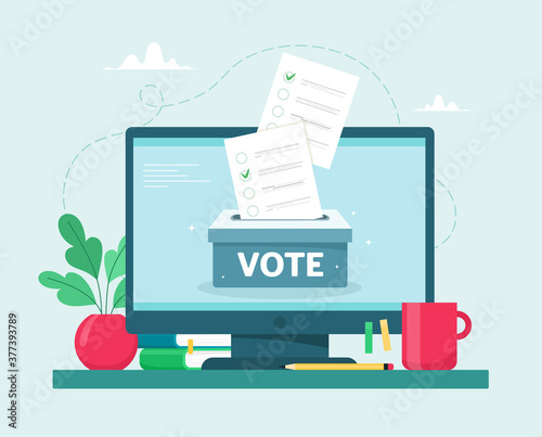 Online voting concept.Ballot box on a computer monitor. Vector illustration in flat style. photo