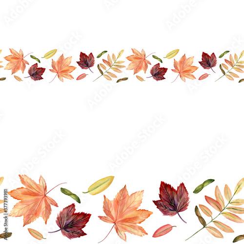 Watercolor hand painted seamless border with autumn leaves and branches. Perfect for scrapbooking or unique fall or thanksgiving design.
