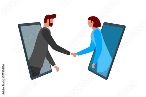 Businessman and woman shaking hands through smartphone screens as online deal agreement. Mobile conference network meeting and handshake. Two person remote negotiations concept. Vector illustration