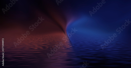 Abstract neon background, night lights reflected in water. Neon gradient. 3D illustration.