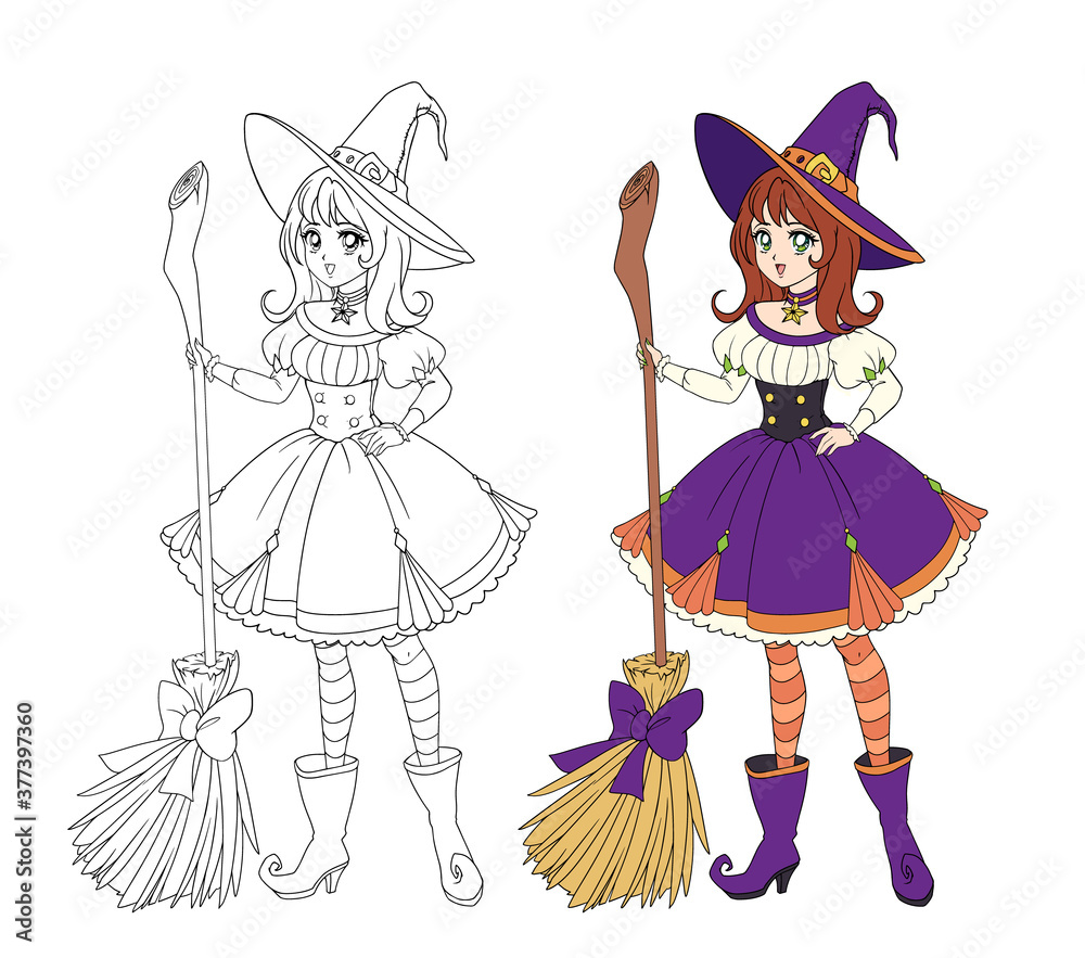 Beautiful anime witch holding wooden broom. Hand drawn vector illustration