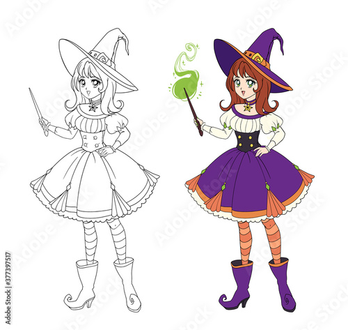 Beautiful anime witch holding magic wand. Hand drawn vector illustration