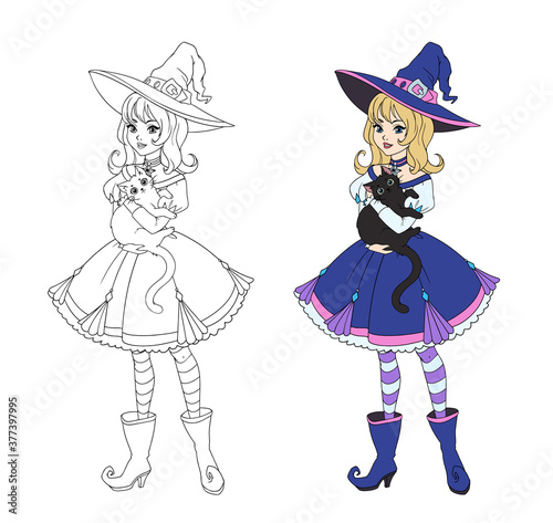 Beautiful cartoon witch holding black cat. Hand drawn vector illustration