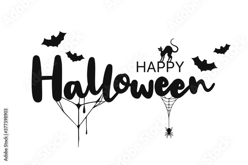 Happy Halloween lettering. Handwritten calligraphy with spider, cat and spider web for greeting card, poster, banner, flyer and invitation. Happy Halloween text, spooky background