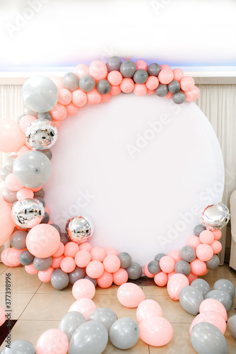 Close up the photo zone from pink and grey balloons with white copy space for your text. photo