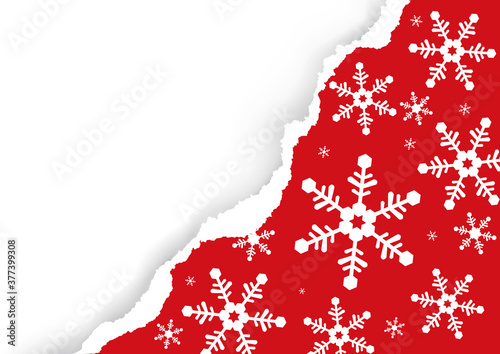 Christmas ripped paper,  red background with snowflakes. 
Illustration of red torn paper background with place for your text or image. Vector available.