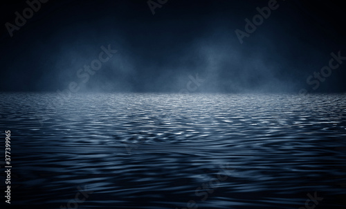 Night sea landscape, light reflection in the water. Empty natural scene, night view. 3D illustration. © MiaStendal