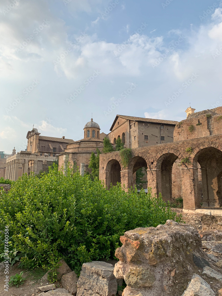 View of ancient ruin of Tempio di Romolo and part of Basilica di Massenzio in the Roman Forum, Rome, Italy