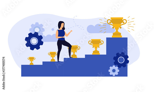 Achievement target career challenge vector flat illustration. Woman kpi walking steps to gold cup. Job journey business success leader ambition. Goal progress up climbing performance banner