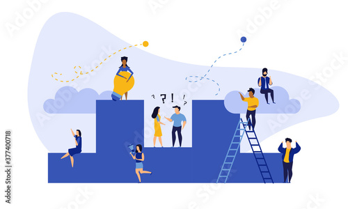 Achievement target career challenge vector flat illustration. People kpi walking steps to direction. Job journey business success leader ambition. Goal progress up climbing performance banner