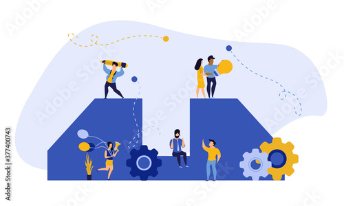 Achievement target career challenge vector flat illustration. People kpi walking steps to direction. Job journey business success leader ambition. Goal progress up climbing performance banner