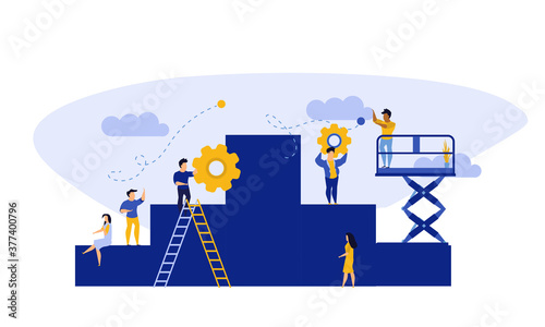 Achievement target career challenge vector flat illustration. People kpi walking steps to direction. Job journey business success leader ambition. Goal progress up climbing performance banner