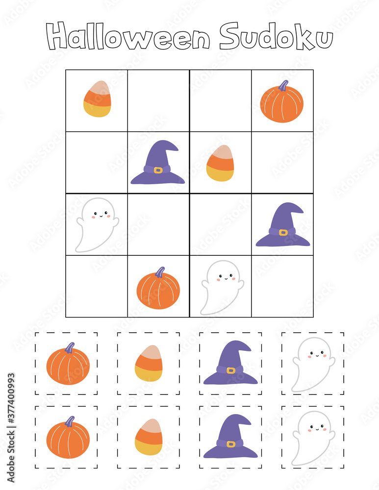 Educational printable Halloween sudoku game. Worksheet for preschool children. Cute cartoon characters. Kawaii ghost, pumpkin and witch hat.