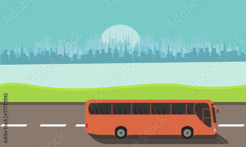 Tourist express bus rides on the road against the backdrop of the cityscape concept vector flat illustration design banner