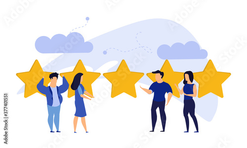 Customer review five star choice vector illustration satisfaction man and woman. Concept business success feedback good quality service. Best rate background experience vote client banner. Award like