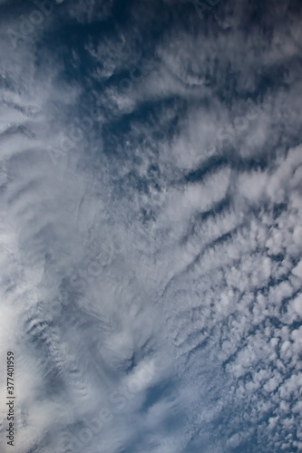 portrait image of the blue sky covered by a sheet of white clouds stirred by the winds. © conpuli