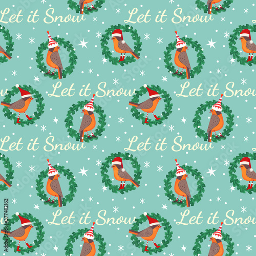 Hand drawn cute birds Christmas seamless pattern