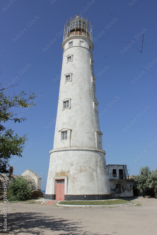 Old lighthouse made of white Inkerman limestone at Cape Tarkhankut