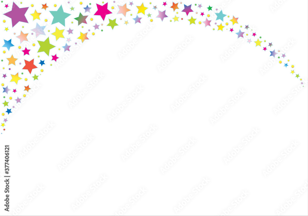 Fun background with a pattern with stars. White background with brightly colored stars in the shape of an arc, with place for your text. Vector.