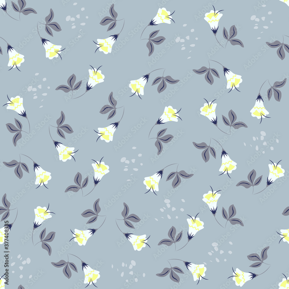 Simple vector floral seamless pattern. Abstract background with small flowers, leaves. Liberty style wallpapers. Ditsy texture. Folk style painting. Blue color. Repeat design for decor, textile, print