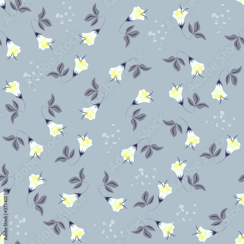 Simple vector floral seamless pattern. Abstract background with small flowers, leaves. Liberty style wallpapers. Ditsy texture. Folk style painting. Blue color. Repeat design for decor, textile, print