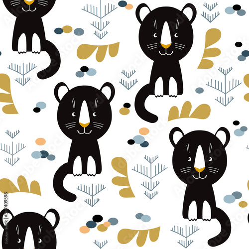 Photography Childish seamless pattern with hand drawn wild cats and savannah elements