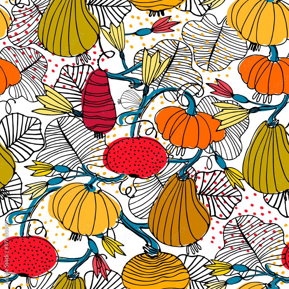 Fototapeta premium Seamless pattern with pumpkins and flowers. Hand drawn vector illustration. Autumn concept, Thanksgiving Day concept, healthy vegetables concept