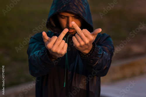 Принти на полотні Aggressive bad man showing middle finger, fuck sign at camera