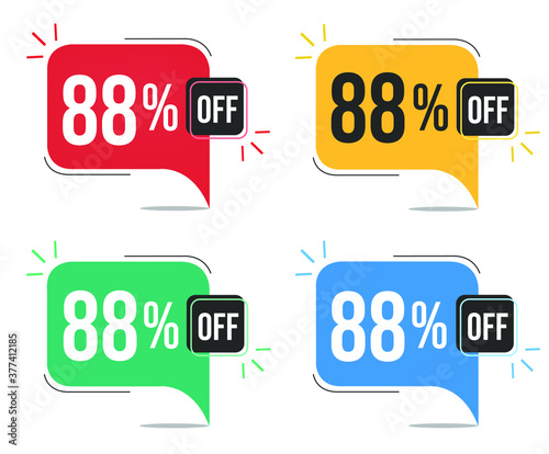 88% off. Red, yellow, green and blue tags with eighty-eight percent discount. Banner with four colorful balloons with special offers vector.
