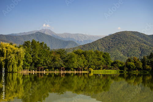 Lopota lake with reflection of mountains