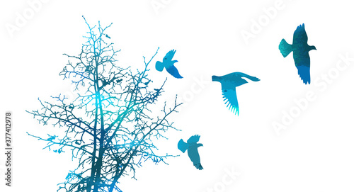 A multicolored tree with flying birds. Vector illustration