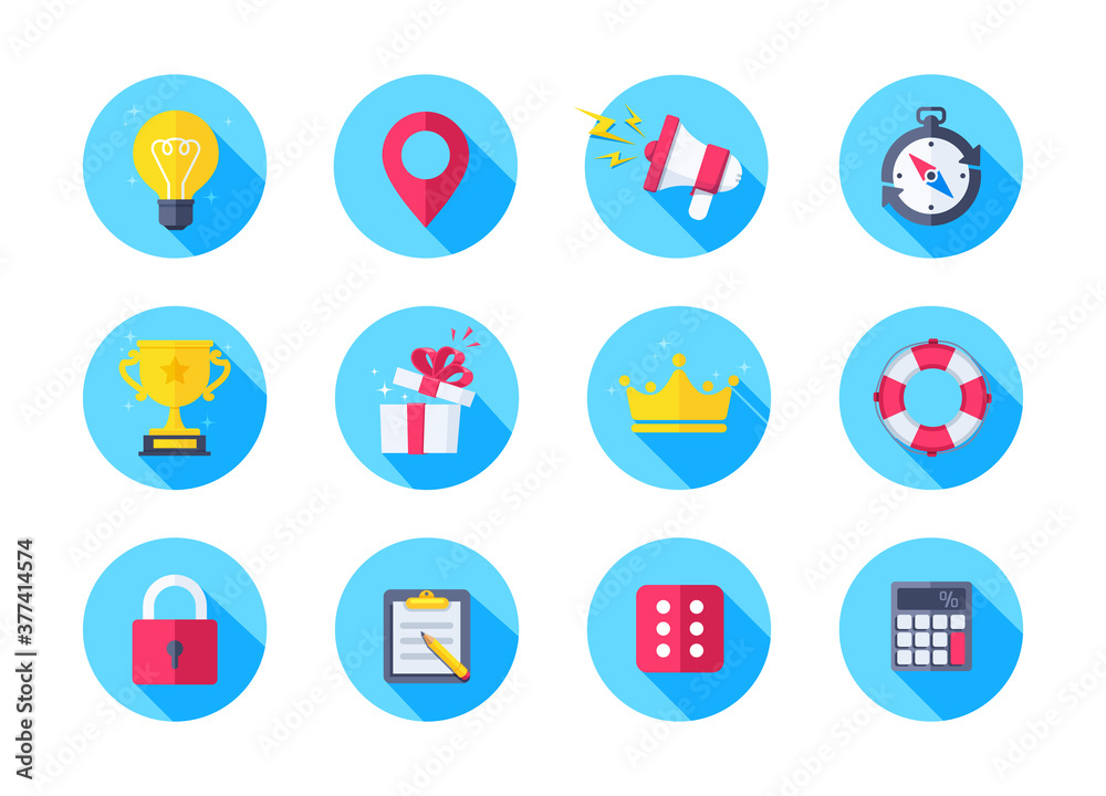 flat vector image on white background, set of business icons in a circle with shadow, business success