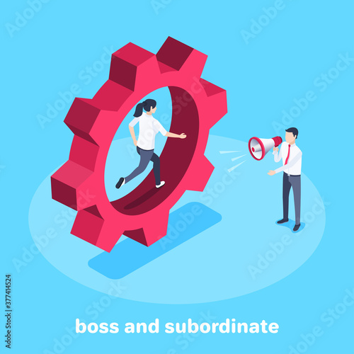 isometric vector image on a blue background, a woman runs inside a large gear wheel and next to a man in business clothes with a loudspeaker, a boss and a subordinate