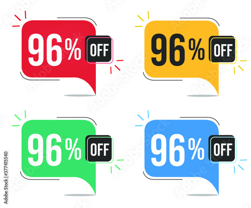 96% off. Red, yellow, green and blue tags with ninety-six percent discount. Banner with four colorful balloons with special offers vector.