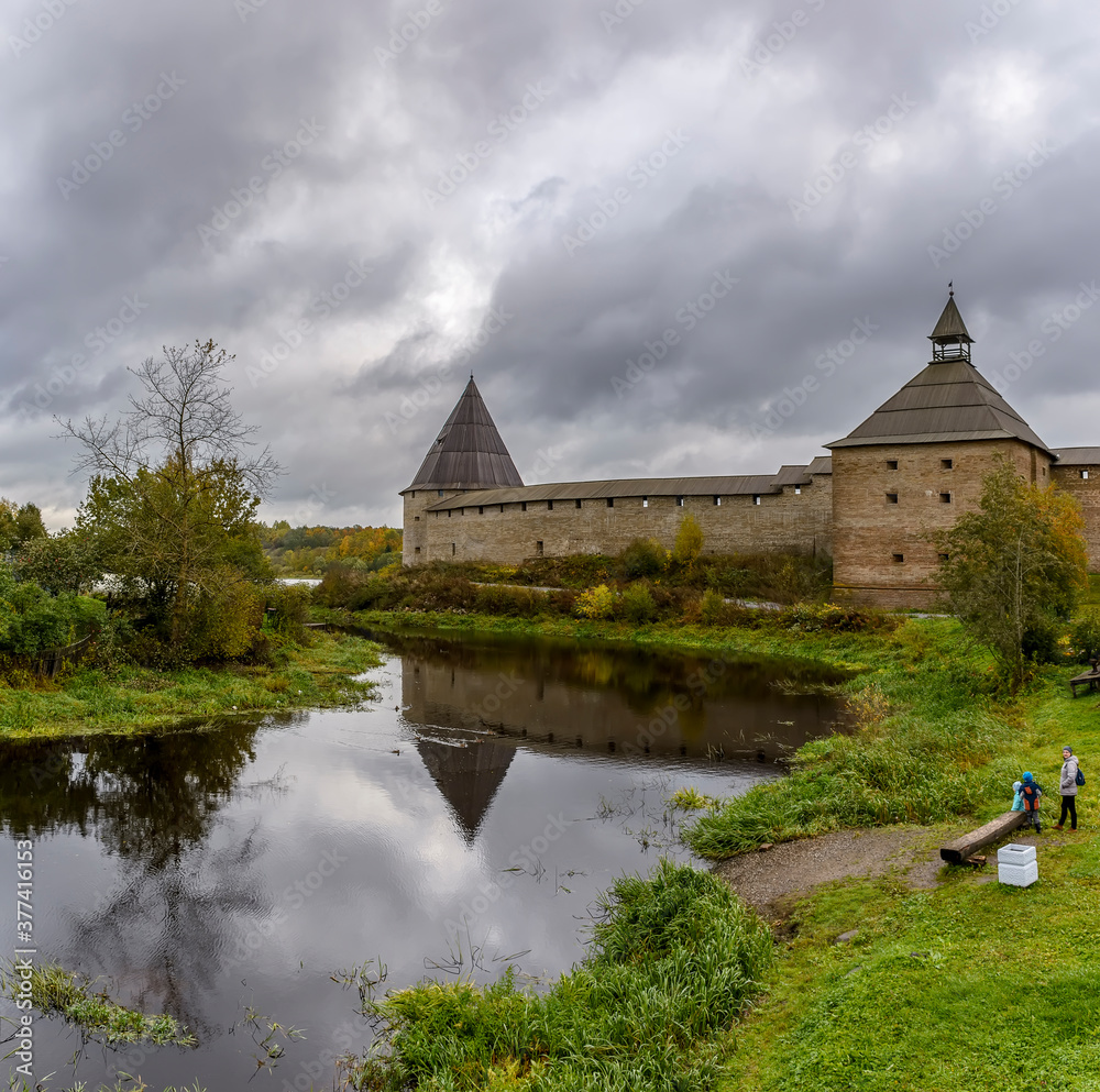 A fortress in the village of Staraya Ladoga on a cape where the Ladozhka River flows into the Volkhov River.