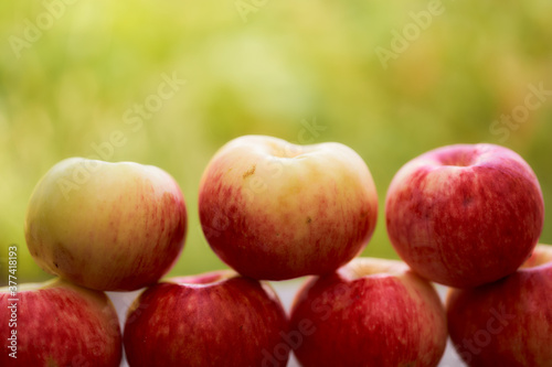 Red apples lie on a wooden board. Green blurred background. Close-up.