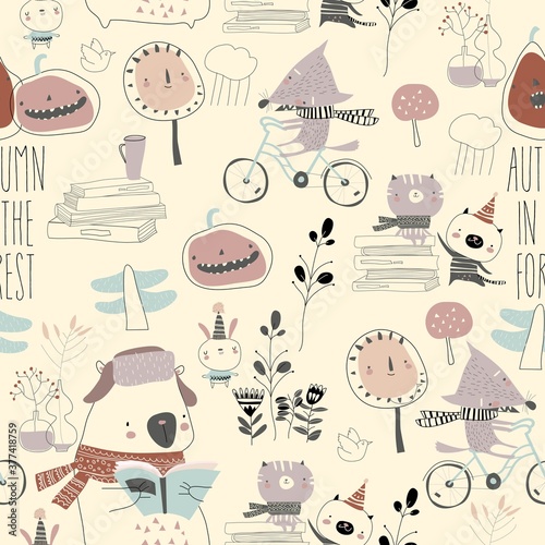 Seamless pattern with cute animals in autumn forest