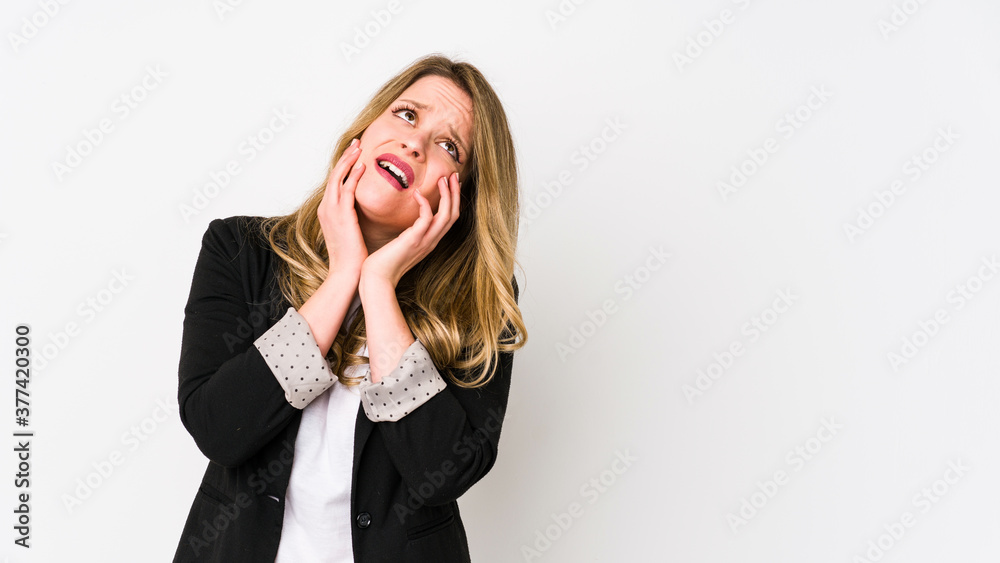 Young caucasian business woman isolated on white background Young caucasian bussines womanwhining and crying disconsolately. Young caucasian business woman isolated on white background Young caucasian bussines womanwhining and crying disconsolately.