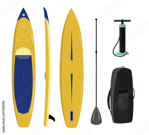 Paddle board set of objects isolated illustration.