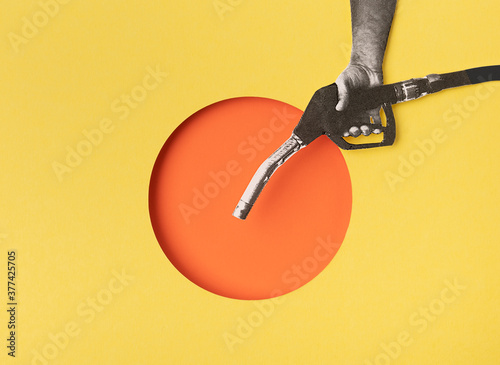 Collage of a hand holding a fuel nozzle.