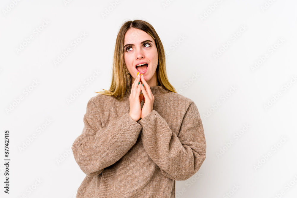 Young caucasian woman isolated on white background making up plan in mind, setting up an idea. Young caucasian woman isolated on white background making up plan in mind, setting up an idea.