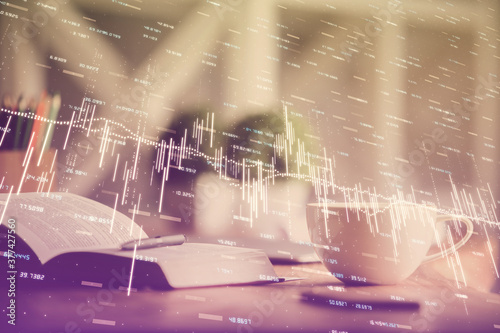 Multi exposure of forex graph drawing and desktop with coffee and items on table background. Concept of financial market trading