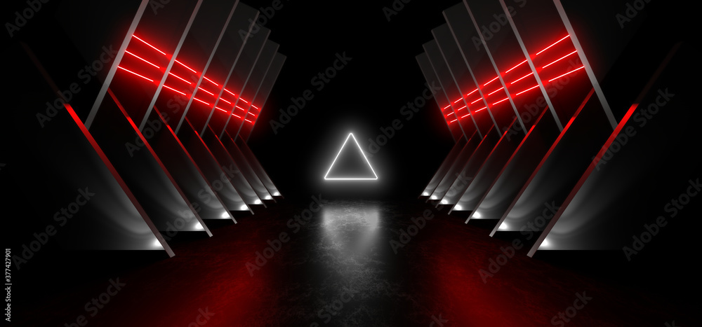 A dark corridor lit by red neon lights. Reflections on the floor and walls. 3d rendering image.