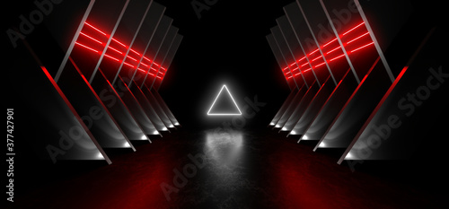 Fototapeta Naklejka Na Ścianę i Meble -  A dark corridor lit by red neon lights. Reflections on the floor and walls. 3d rendering image.