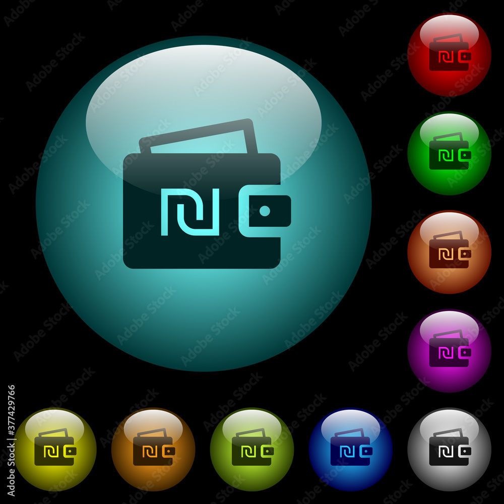 Israeli new Shekel wallet icons in color illuminated glass buttons Israeli new Shekel wallet icons in color illuminated glass buttons