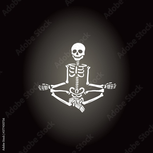 Comic Simplified Skeleton Sitting or Levitating Crossed Legs Hand on Knees Yoga Relaxed Asana or Position Halloween Holidays Template - White on Black Background - Contrast Graphic Design