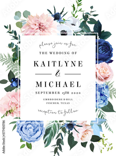 Classic blue rose, blush pink hydrangea, ranunculus, dahlia, thistle flowers